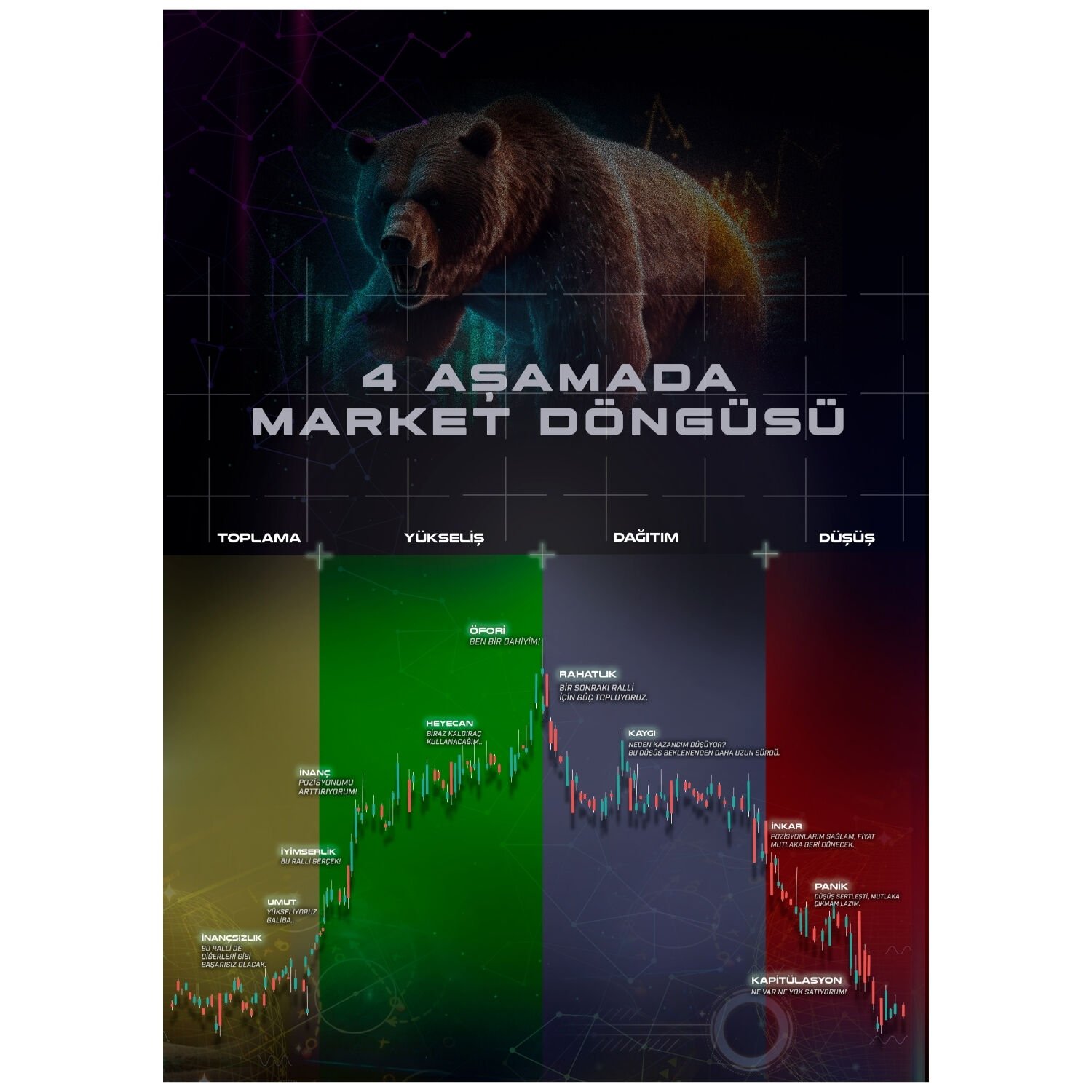 4 Aşamada Market Döngüsü Dekoratif Poster - Koyu Tema (ÇERÇEVESİZ)